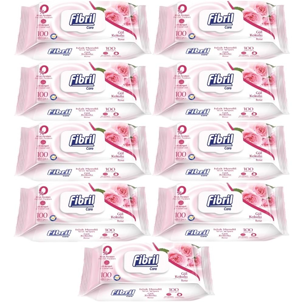 Fibril Islak Havlu Mendil 100 Yaprak Gül Plastik Kapaklı (9 Lu Set) 900 Yaprak
