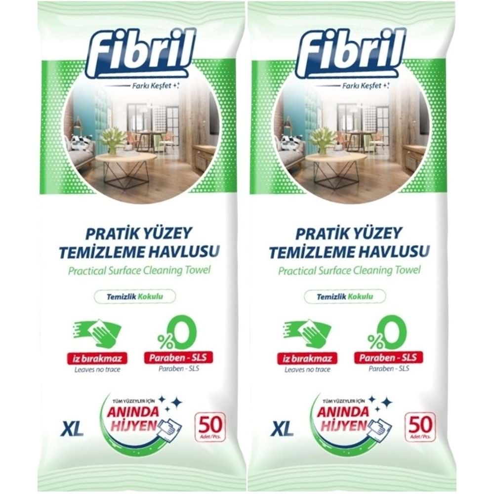 Fibril Yüzey Temizlik Havlusu 50 Yaprak XL Temizlik Kokulu 2 Li Set 100 Yaprak Plastik Kapaklı