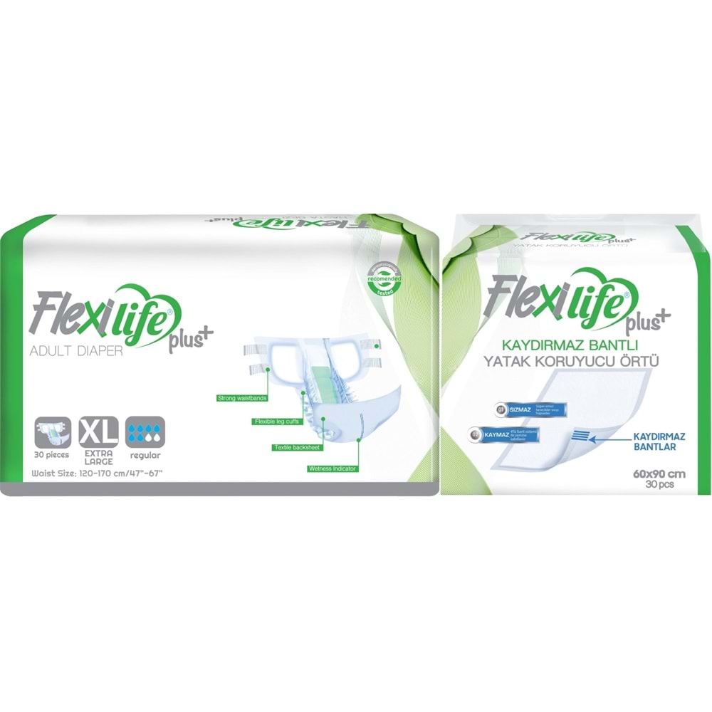 Flexi Life Yetişkin Hasta Bezi Bel Bantlı Tekstil Yüzeyli XL 30 Adet + Yatak Koruyucu Örtü 30 Adet