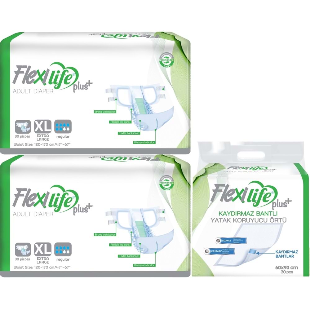 Flexi Life Yetişkin Hasta Bezi Bel Bantlı Tekstil Yüzeyli XL 60 Adet + Yatak Koruyucu Örtü 30 Adet
