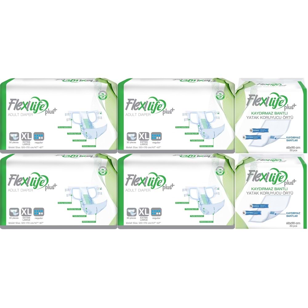 Flexi Life Yetişkin Hasta Bezi Bel Bantlı Tekstil Yüzeyli XL 120 Adet + Yatak Koruyucu Örtü 60 Adet