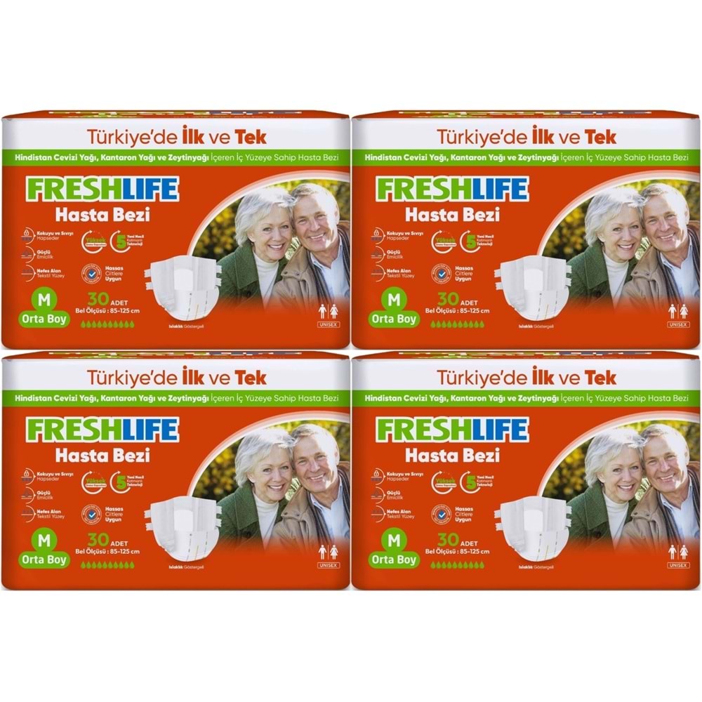FreshLife Yetişkin Hasta Bezi Bantlı M - Medium - Orta 120 Adet (4PK*30)