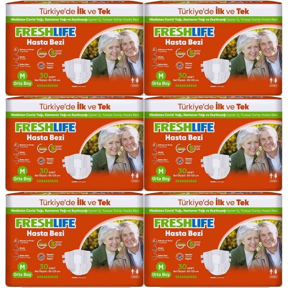 FreshLife Yetişkin Hasta Bezi Bantlı M - Medium - Orta 180 Adet (6PK*30)