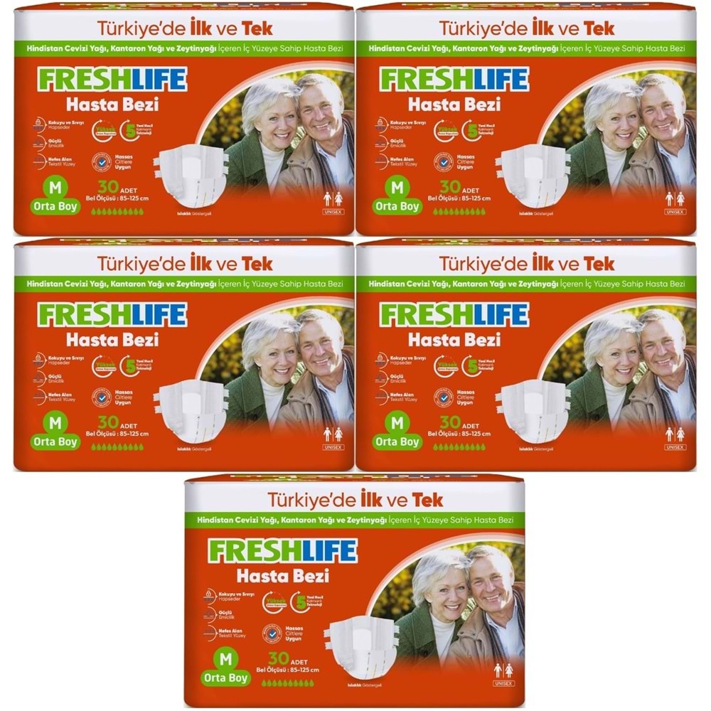 FreshLife Yetişkin Hasta Bezi Bantlı M - Medium - Orta 150 Adet (5PK*30)