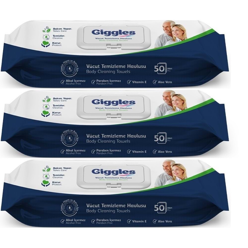 Giggles Yetişkin Vücut Temizleme Islak Mendil Havlu 150 Yaprak XL (Beyaz Sabun Kokulu) (3PK*50)
