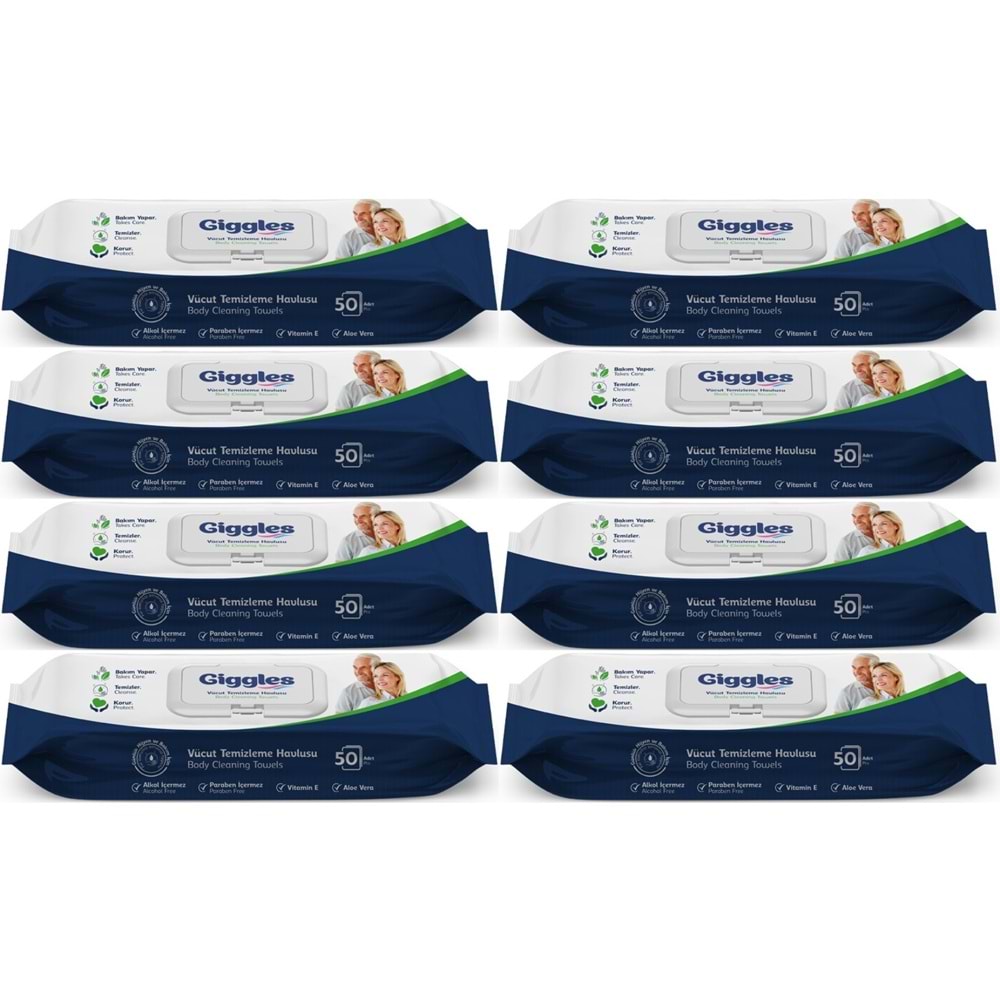 Giggles Yetişkin Vücut Temizleme Islak Mendil Havlu 400 Yaprak XL (Beyaz Sabun Kokulu) (8PK*50)