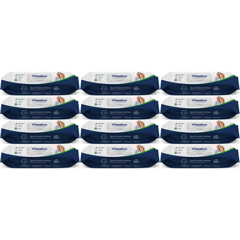 Giggles Yetişkin Vücut Temizleme Islak Mendil Havlu 600 Yaprak XL (Beyaz Sabun Kokulu) (12PK*50)