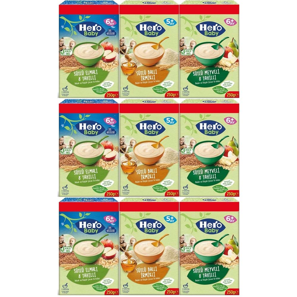 Hero Baby Kaşık Maması 250GR (Karma 9 Lu Set) Sütlü Meyveli - Elmalı 8 Tahıllı - Ballı İrmikli