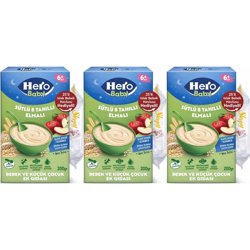 Hero Baby Kaşık Maması 200GR Gece Sütlü Elmalı 8 Tahıllı + Islak Mendil Hediye (3 Lü Set)