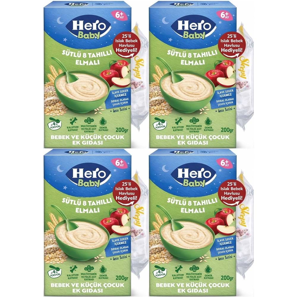 Hero Baby Kaşık Maması 200GR Gece Sütlü Elmalı 8 Tahıllı + Islak Mendil Hediye (4 Lü Set)