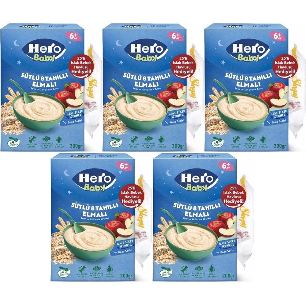 Hero Baby Kaşık Maması 200GR Gece Sütlü Elmalı 8 Tahıllı + Islak Mendil Hediye (5 Li Set)