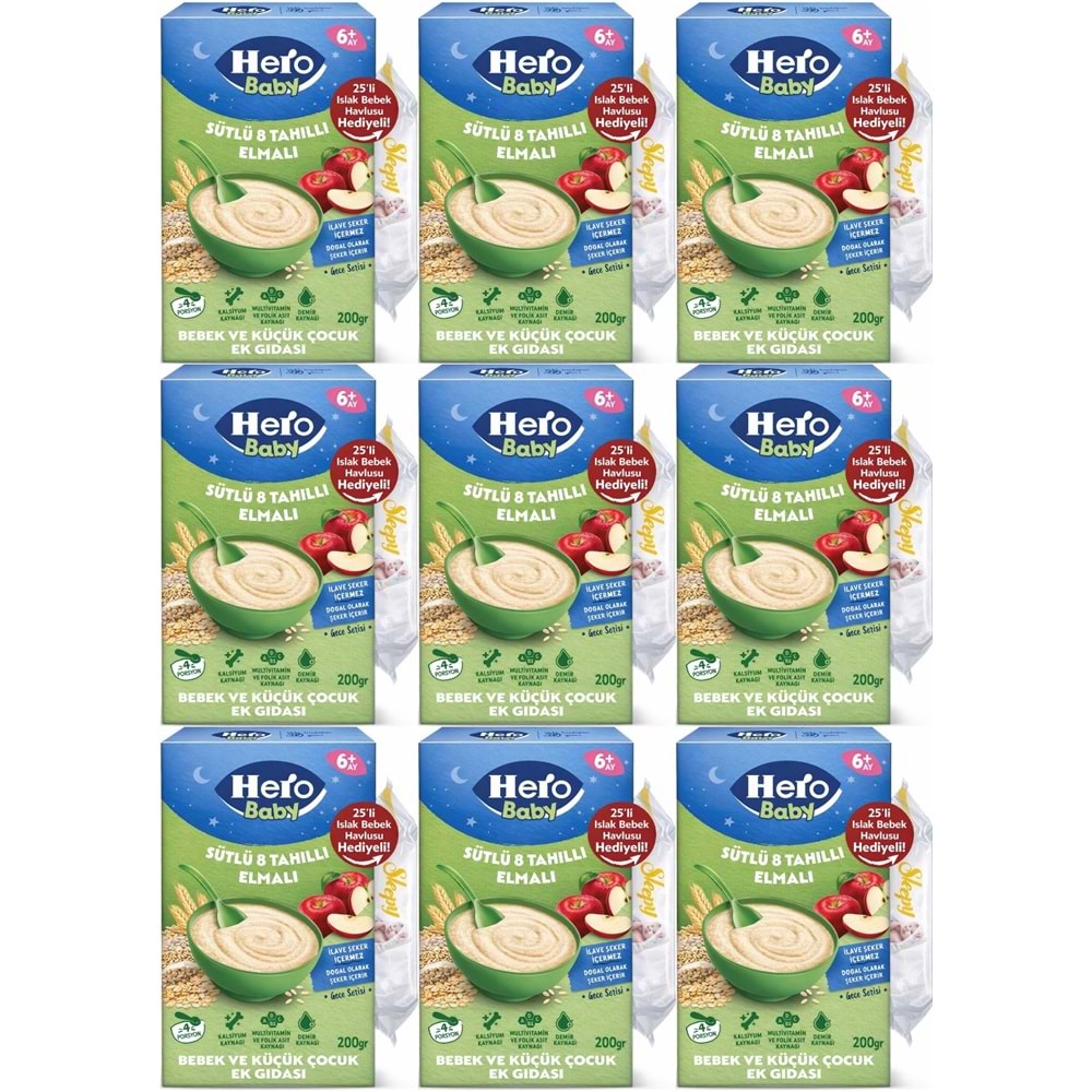 Hero Baby Kaşık Maması 200GR Gece Sütlü Elmalı 8 Tahıllı + Islak Mendil Hediye (9 Lu Set)