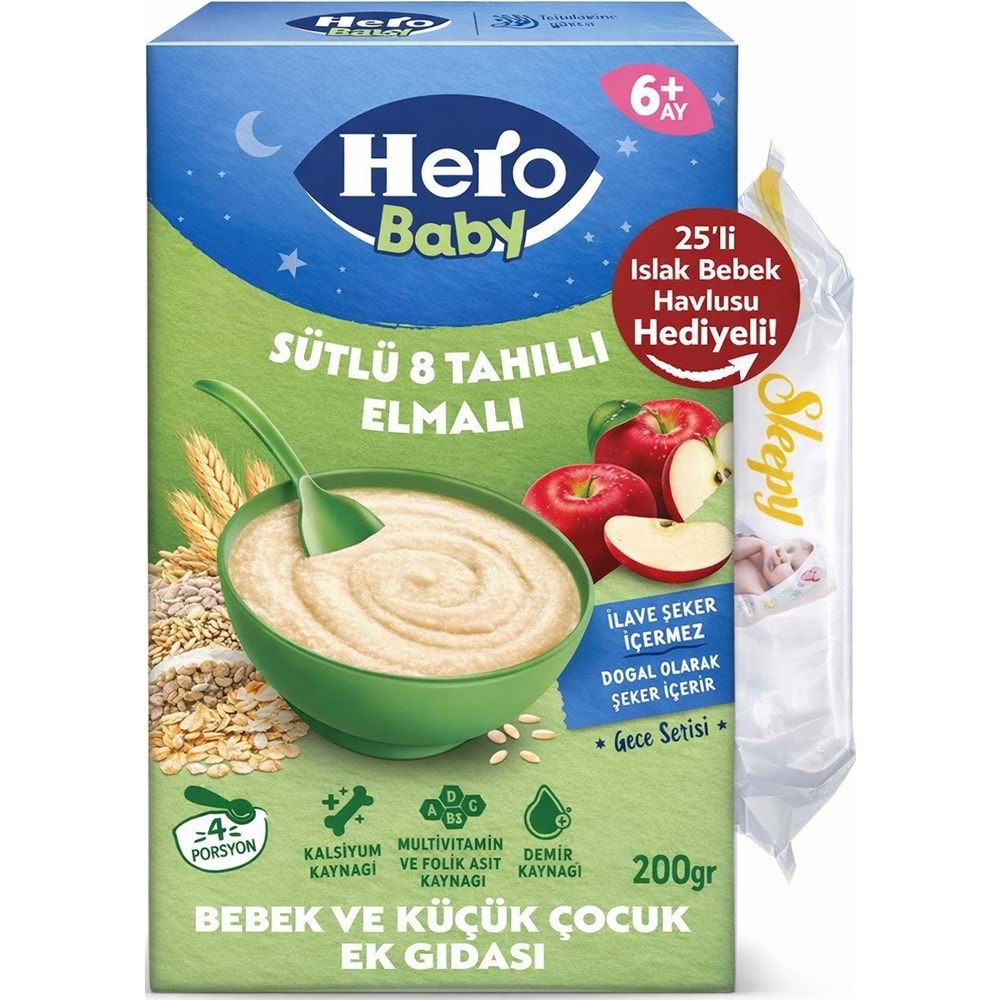 Hero Baby Kaşık Maması 200GR Gece Sütlü Elmalı 8 Tahıllı + Islak Mendil Hediye (9 Lu Set)