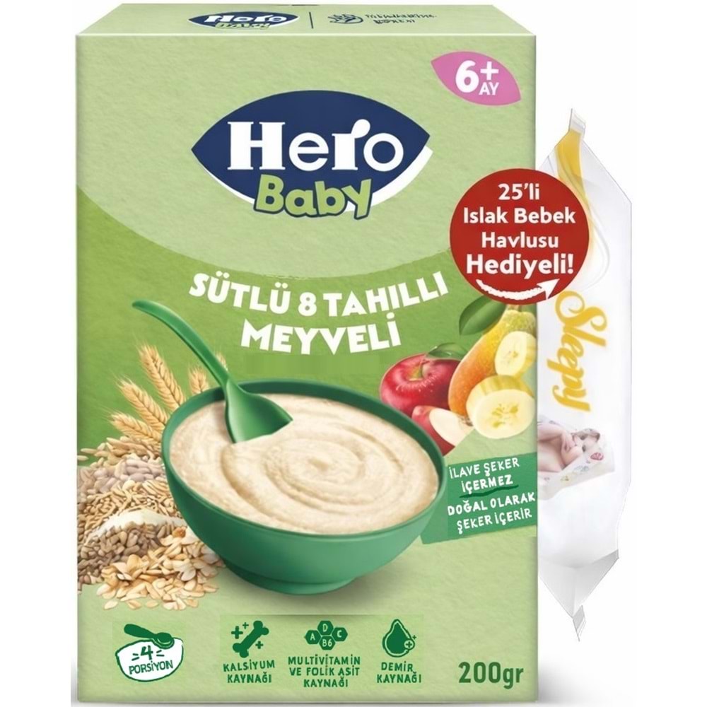 Hero Baby Kaşık Maması 200GR Sütlü 8 Tahıllı Meyveli + Islak Mendil Hediye (2 Li Set)