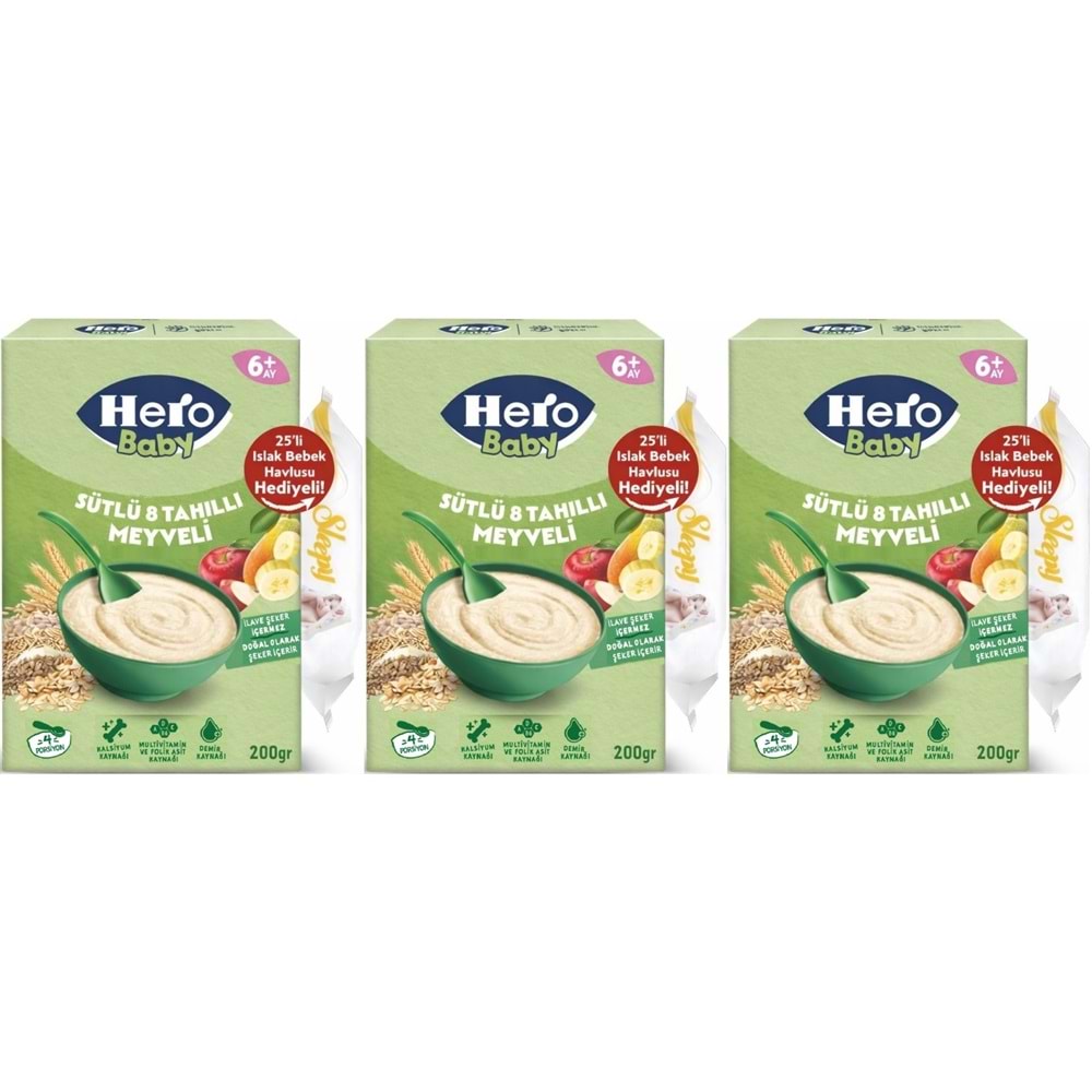 Hero Baby Kaşık Maması 200GR Sütlü 8 Tahıllı Meyveli + Islak Mendil Hediye (3 Lü Set)