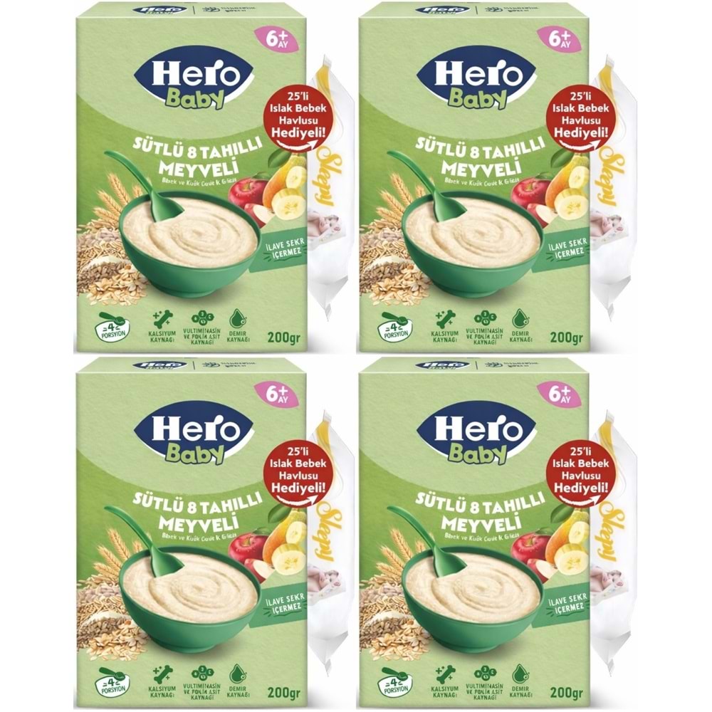 Hero Baby Kaşık Maması 200GR Sütlü 8 Tahıllı Meyveli + Islak Mendil Hediye (4 Lü Set)