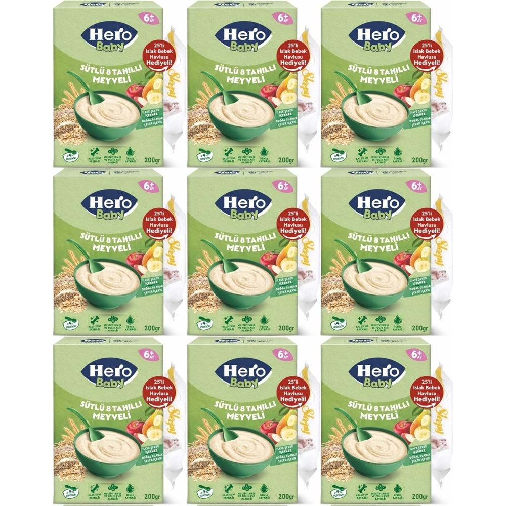 Hero Baby Kaşık Maması 200GR Sütlü 8 Tahıllı Meyveli + Islak Mendil Hediye (9 Lu Set)