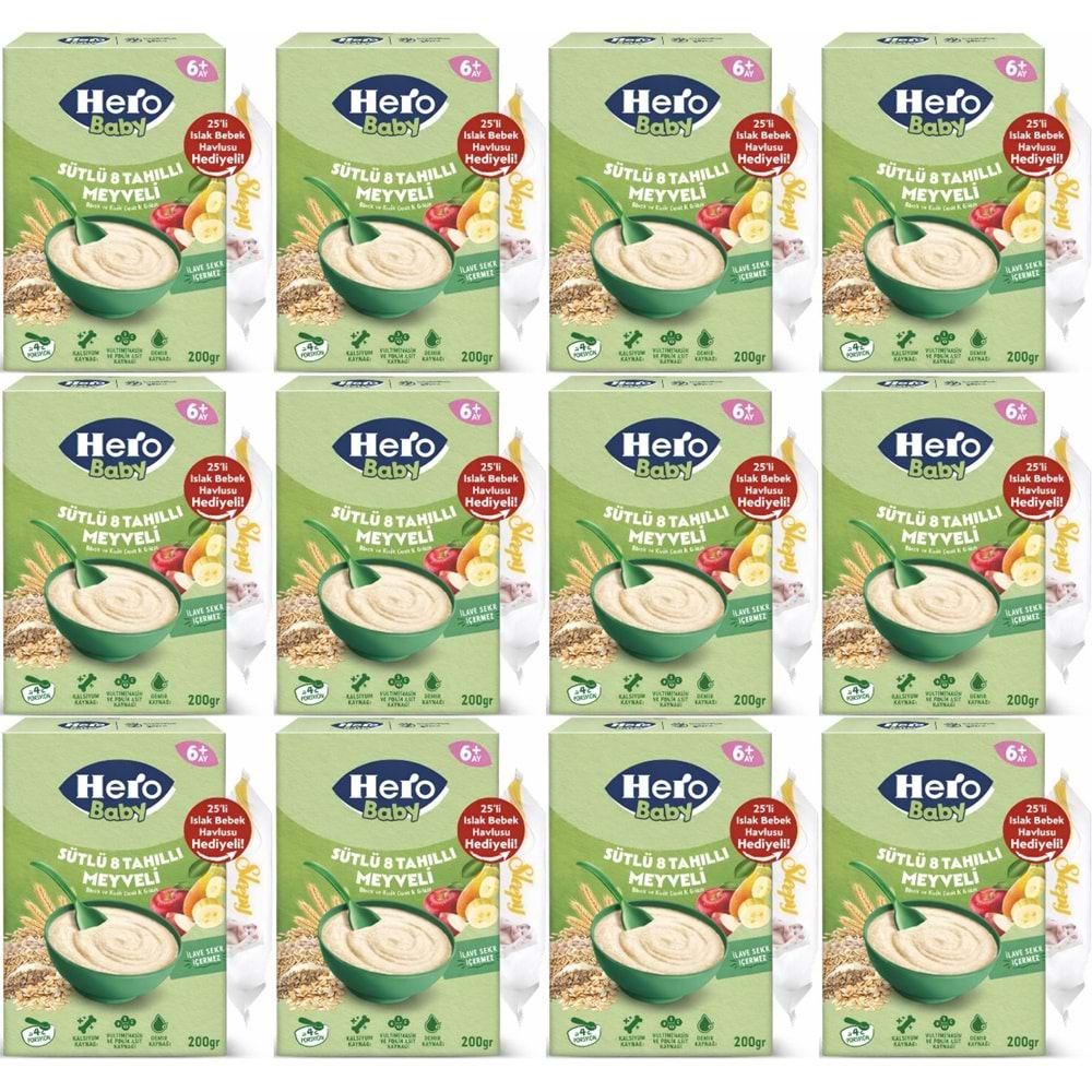 Hero Baby Kaşık Maması 200GR Sütlü 8 Tahıllı Meyveli + Islak Mendil Hediye (12 Li Set)