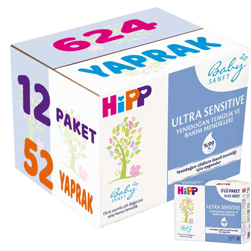 Hipp Baby Sanft Islak Havlu Mendil 52 Yaprak Ultra Sensitive Yenidoğan 12 Li Set (4PK*3) 624 Yaprak