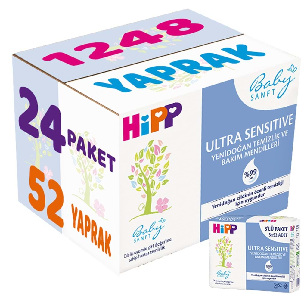 Hipp Baby Sanft Islak Havlu Mendil 52 Yaprak Ultra Sensitive Yenidoğan 24 Lü Set (8PK*3) 1248 Yaprak