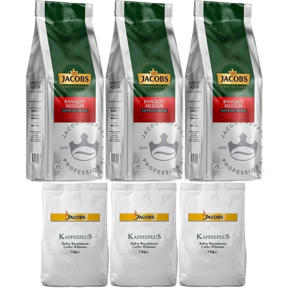 Jacobs Medium Çekirdek Kahve 1KG (Espresso Beans) & Kaffeeplus Süt Tozu 1KG (Karma 6 Lı Set)