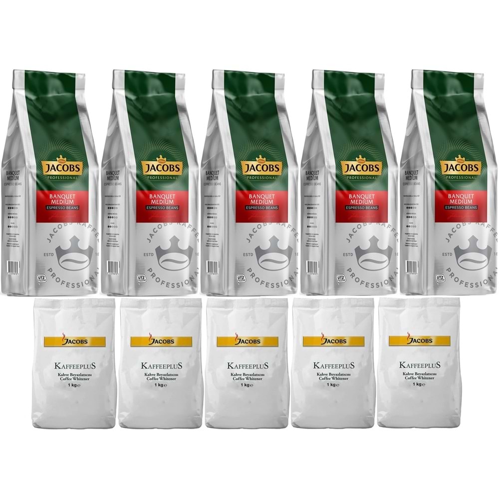 Jacobs Medium Çekirdek Kahve 1KG (Espresso Beans) & Kaffeeplus Süt Tozu 1KG (Karma 10 Lu Set)