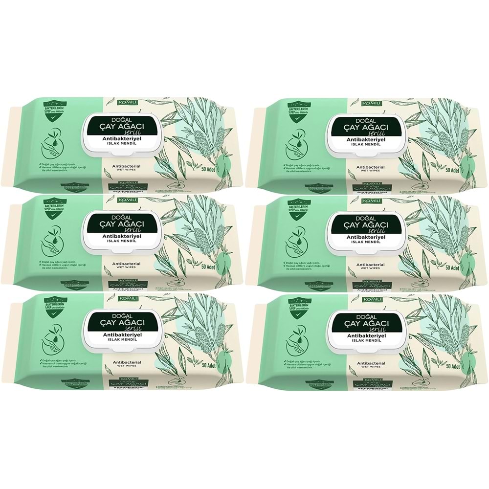 Komili Islak Havlu Mendil 50 Yaprak (6 Lı Set) Çay Ağacı Serisi Antibakteriyel (300 Yaprak)