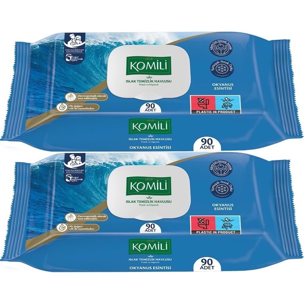 Komili Islak Havlu Mendil 90 Yaprak Okyanus Esintisi (2 Li Set) Pratik Kapaklı (180 Yaprak)