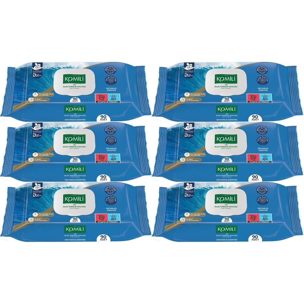 Komili Islak Havlu Mendil 90 Yaprak Okyanus Esintisi (6 Lı Set) Pratik Kapaklı (540 Yaprak)