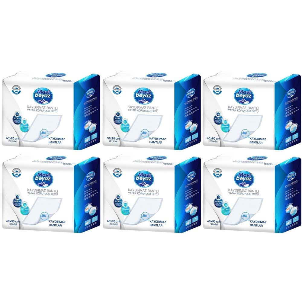 Mavi Beyaz Hasta Alt Açma Yatak Koruyucu Örtü 60*90CM 180 Adet (6Pk*30) Kaydırmaz Bantlı