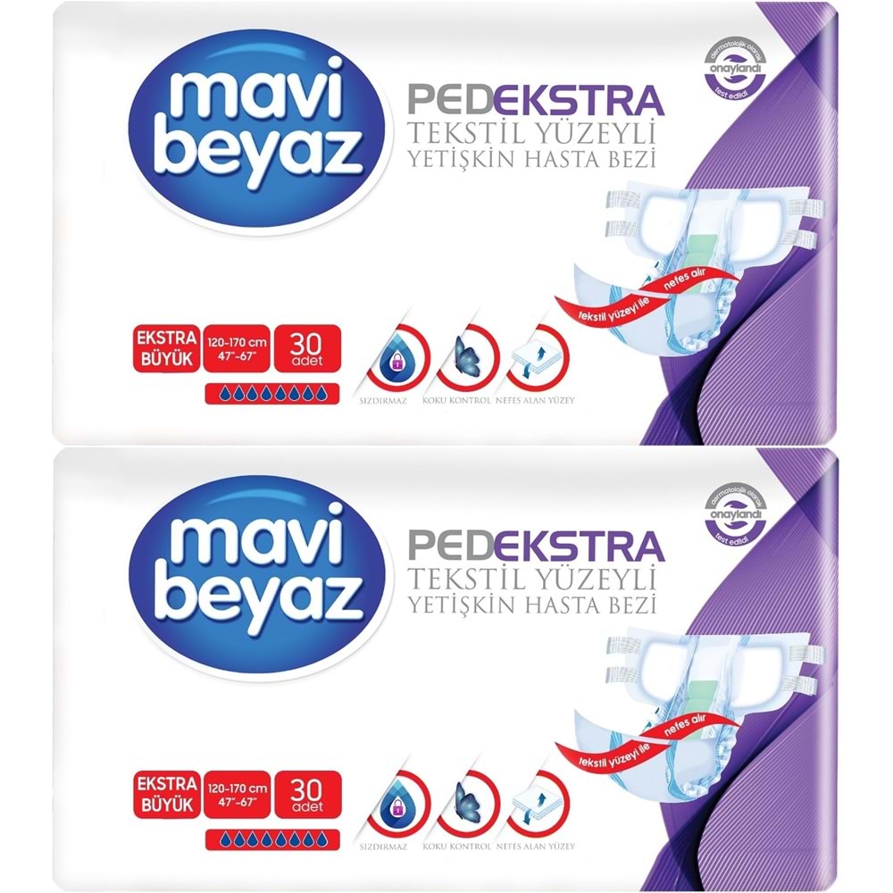 Mavi Beyaz Ped Ekstra Tekstil Yüzeyli Yetişkin Bel Bantlı Hasta Bezi XL Ekstra Büyük 60 Adet