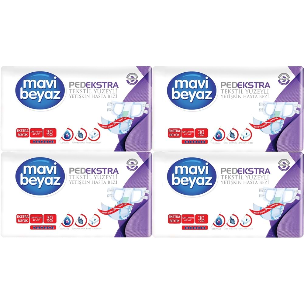 Mavi Beyaz Ped Ekstra Tekstil Yüzeyli Yetişkin Bel Bantlı Hasta Bezi XL Ekstra Büyük 120 Adet