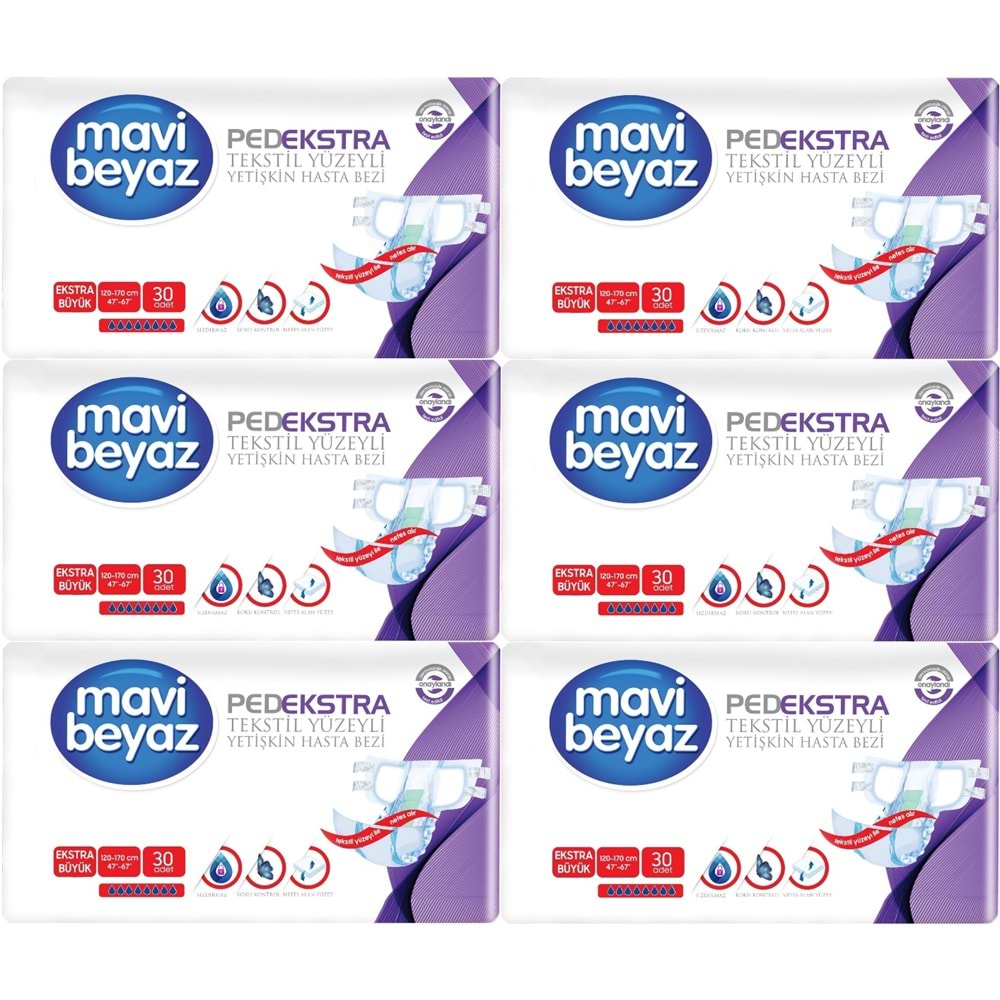 Mavi Beyaz Ped Ekstra Tekstil Yüzeyli Yetişkin Bel Bantlı Hasta Bezi XL Ekstra Büyük 180 Adet