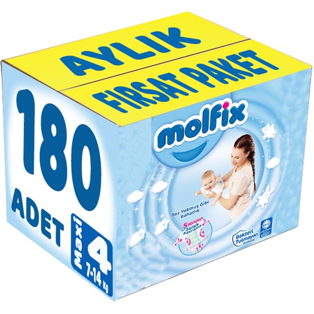 Molfix Bebek Bezi 4 Beden 7-14 KG Maxi 186 Adet Aylık Fırsat Pk