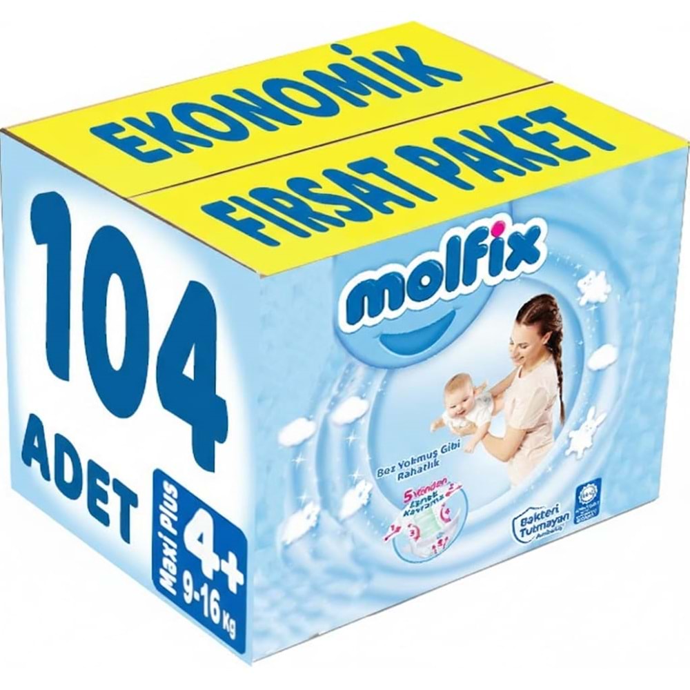Molfix Bebek Bezi Beden:4+ (9-16Kg) Maxi Plus 104 Adet Ekonomik Fırsat Pk