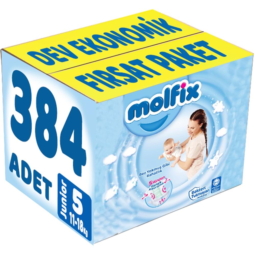 Molfix Bebek Bezi Beden:5 (11-18Kg) Junior 384 Adet Dev Ekonomik Fırsat Pk