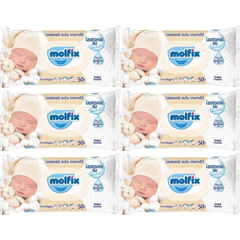 Molfix Islak Havlu Mendil İzotonik Yeni Doğan 6 Lı Set 50 Yaprak Pamuklu Plastik Kapaklı