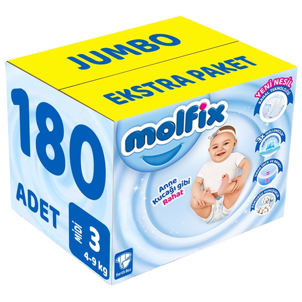 Molfix Bebek Bezi Beden:3 (4-9Kg) Midi 180 Adet Jumbo Ekstra Pk