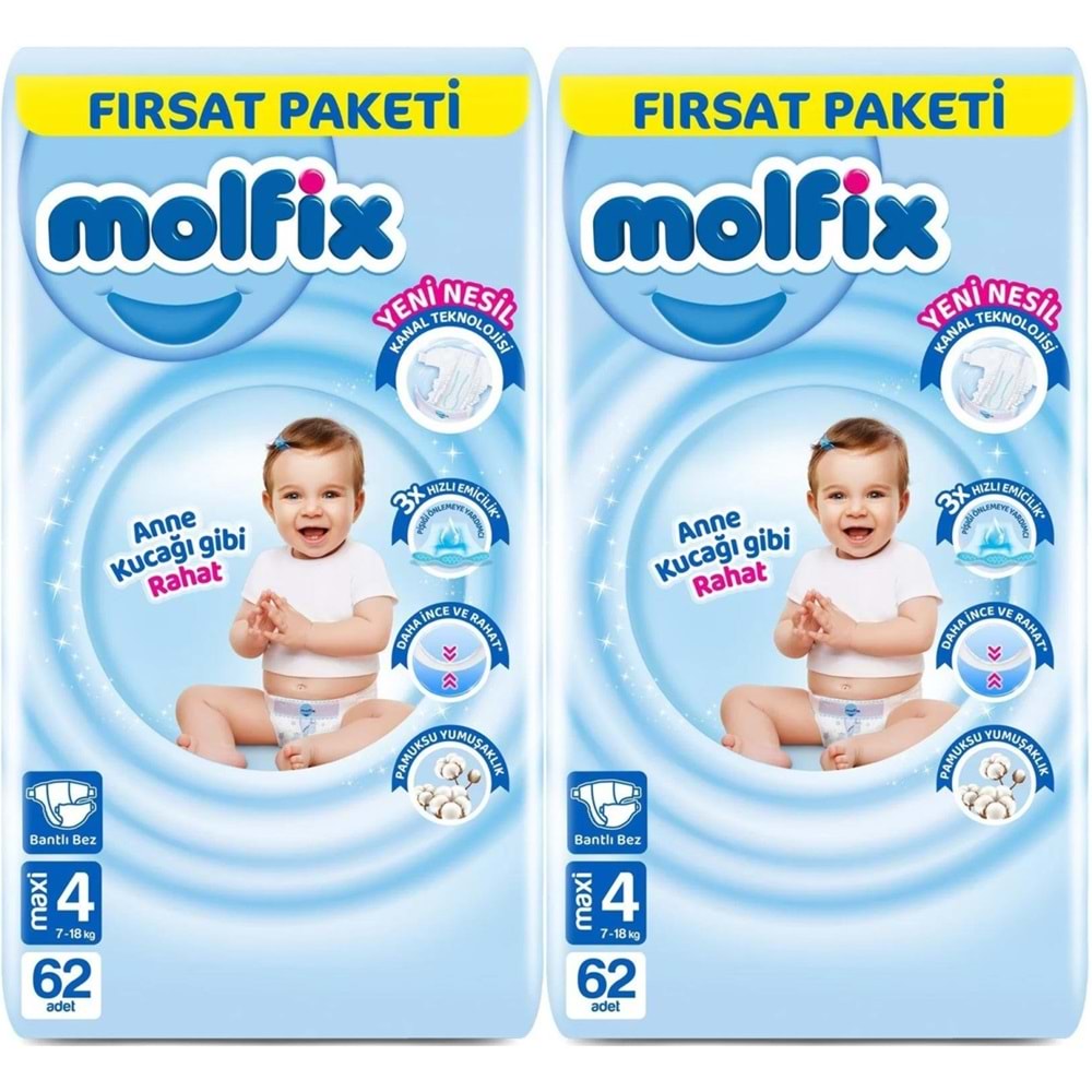 Molfix Bebek Bezi Beden:4 (7-14KG) Maxi 124 Adet Ekonomik Fırsat Pk