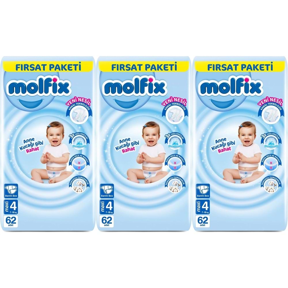 Molfix Bebek Bezi Beden:4 (7-14KG) Maxi 186 Adet Aylık Fırsat Pk