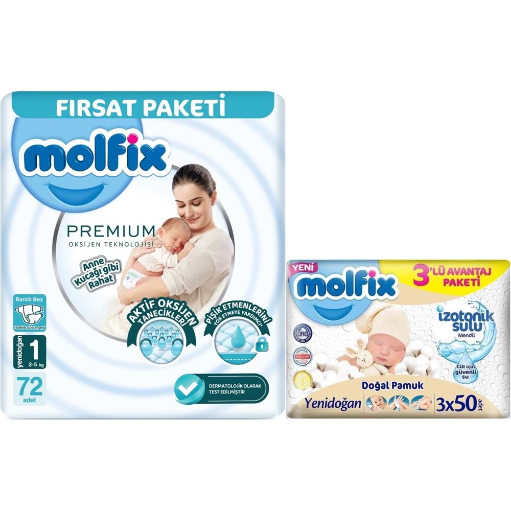 Molfix Premium Bebek Bezi Beden:1 (2-5KG) Yeni Doğan 72 Adet Fırsat Pk + 3 Adet Islak Mendil