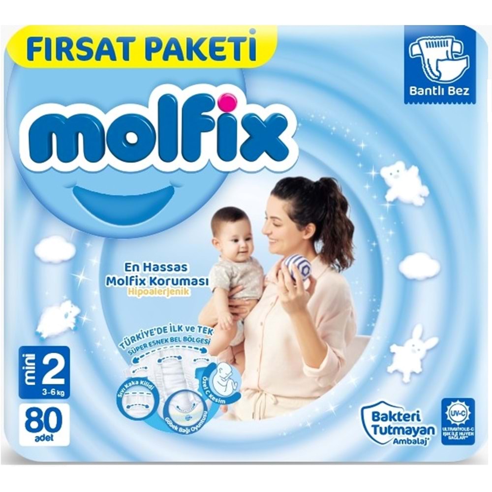 Molfix Bebek Bezi Beden:2 (3-6Kg) Mini 80 Adet Fırsat Pk + 3 Adet Islak Mendil