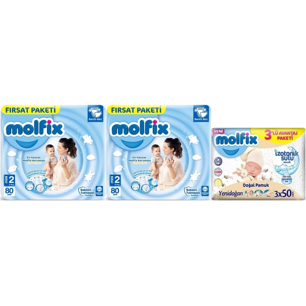 Molfix Bebek Bezi Beden:2 (3-6Kg) Mini 160 Adet Ekonomik Fırsat Pk + 3 Adet Islak Mendil
