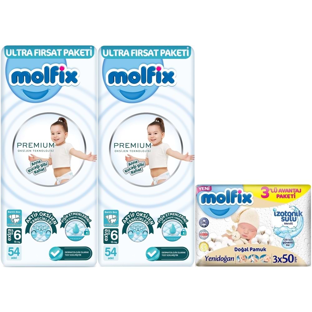 Molfix Premium Bebek Bezi Beden:6 (15+KG) Extra Large 108 Adet Ultra Fırsat Pk + 3 Adet Islak Mendil