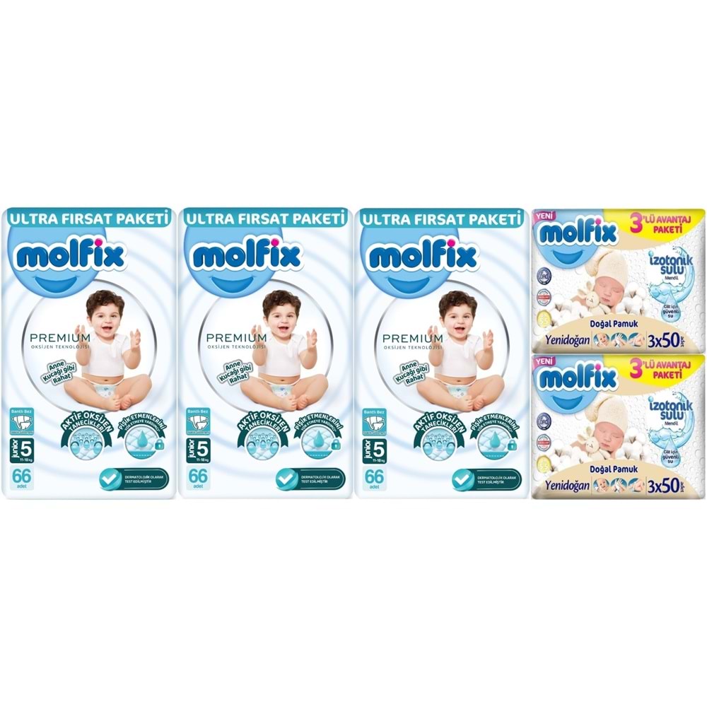 Molfix Premium Bebek Bezi Beden:5 (11-18KG) Junior 198 Adet Ultra Fırsat Pk + 6 Adet Islak Mendil