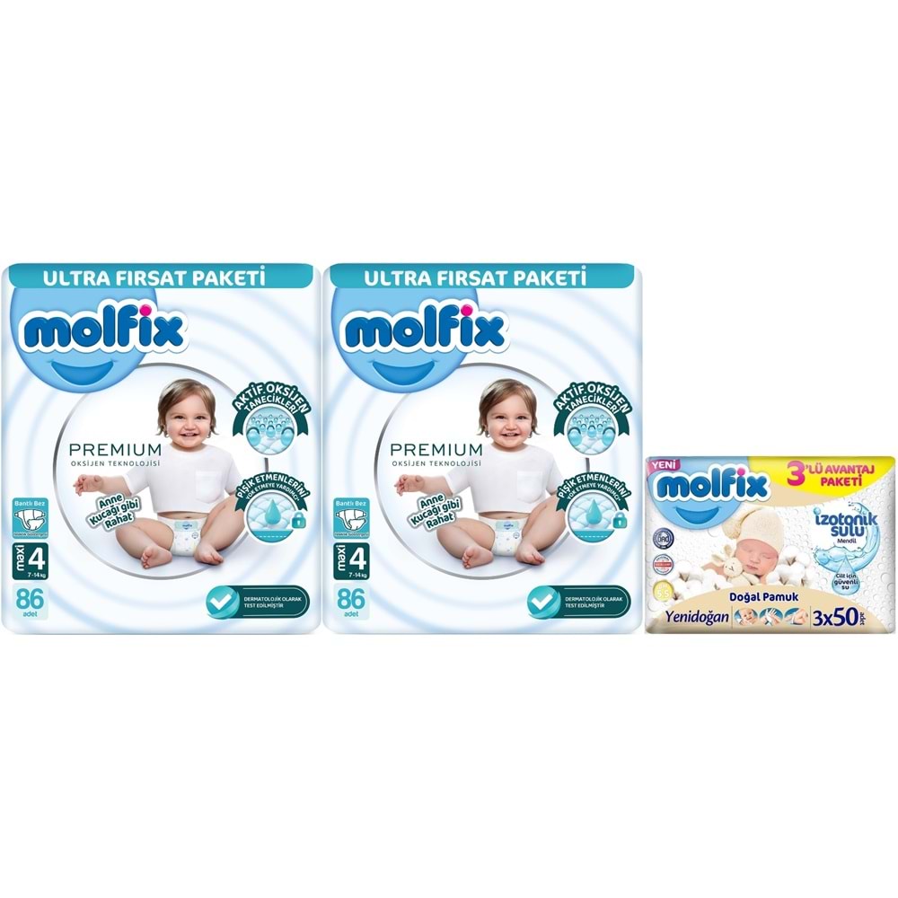 Molfix Premium Bebek Bezi Beden:4 (7-14KG) Maxi 172 Adet Ultra Fırsat Pk + 3 Adet Islak Mendil
