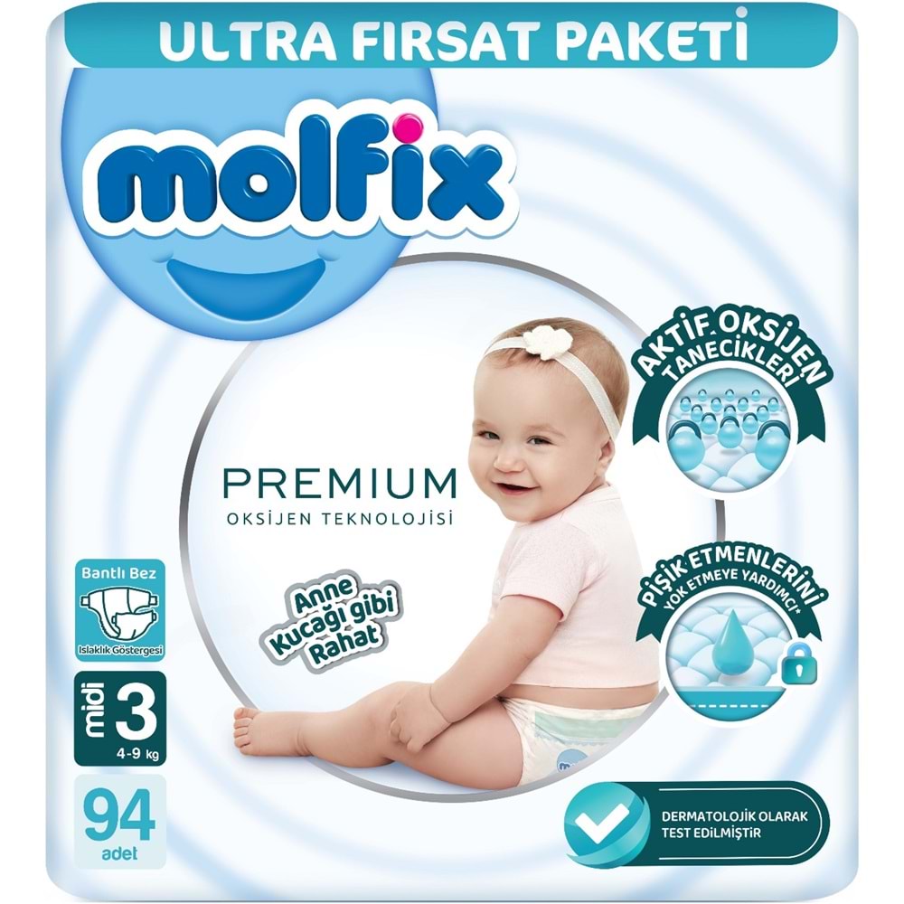 Molfix Premium Bebek Bezi Beden:3 (4-9KG) Midi 94 Adet Ultra Fırsat Pk + 3 Adet Islak Mendil