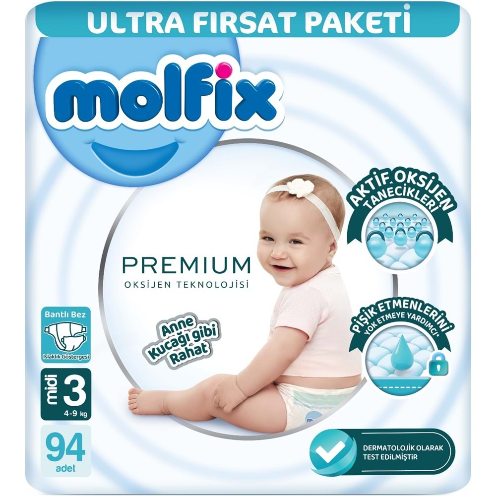 Molfix Premium Bebek Bezi 3 Beden 4-9 KG Midi 188 Adet Ultra Fırsat Pk + 3 Adet Islak Mendil