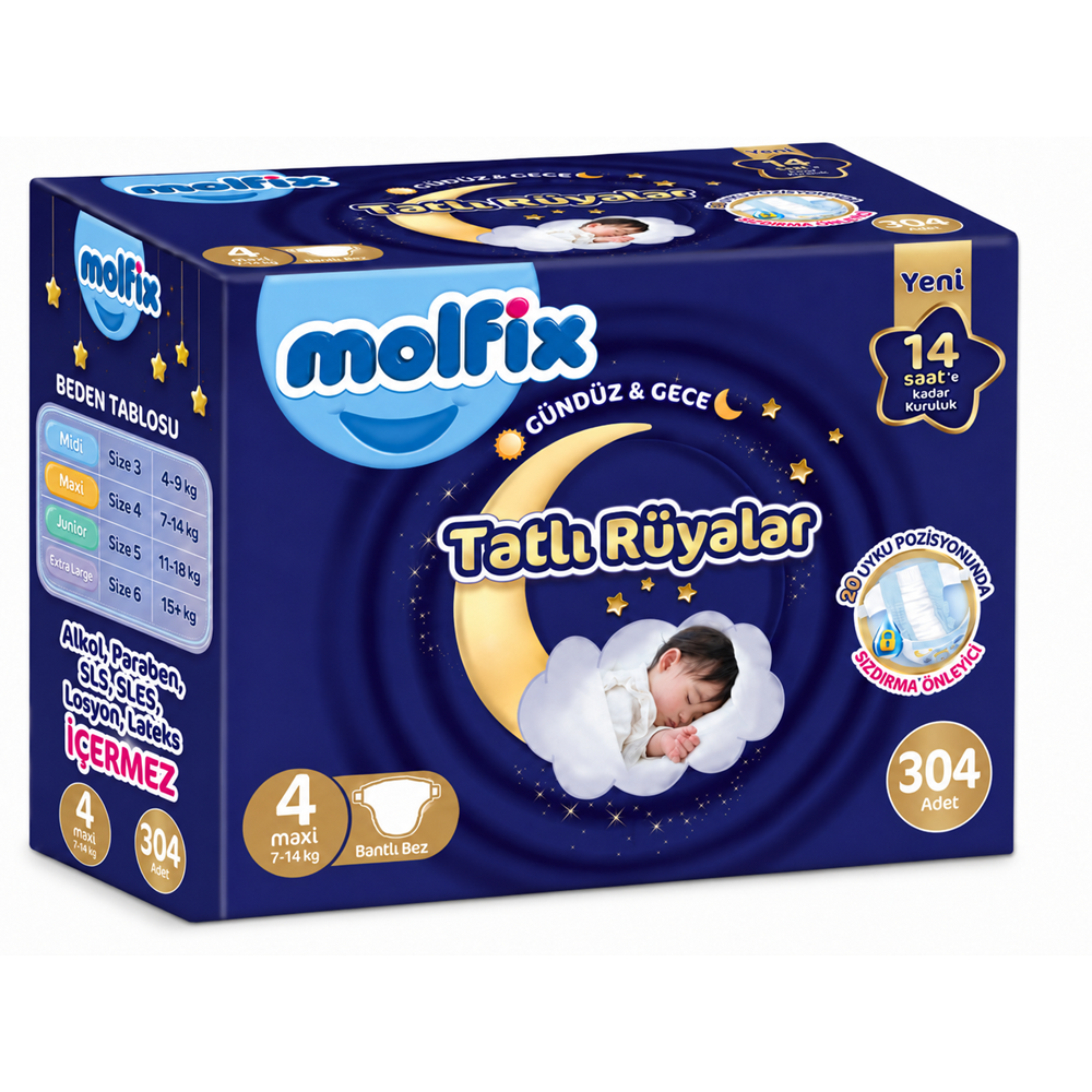 Molfix Tatlı Rüyalar Bebek Bezi 4 Beden 7-14 KG Maxi 304 Adet Avantaj Fırsat Pk