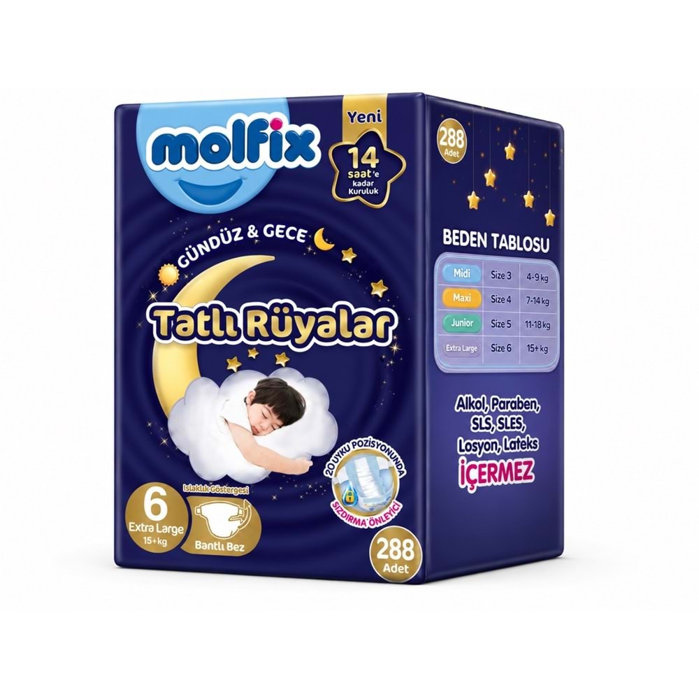 Molfix Tatlı Rüyalar Bebek Bezi 6 Beden15+ KG Extra Large 288 Adet Ekstra Fırsat Pk